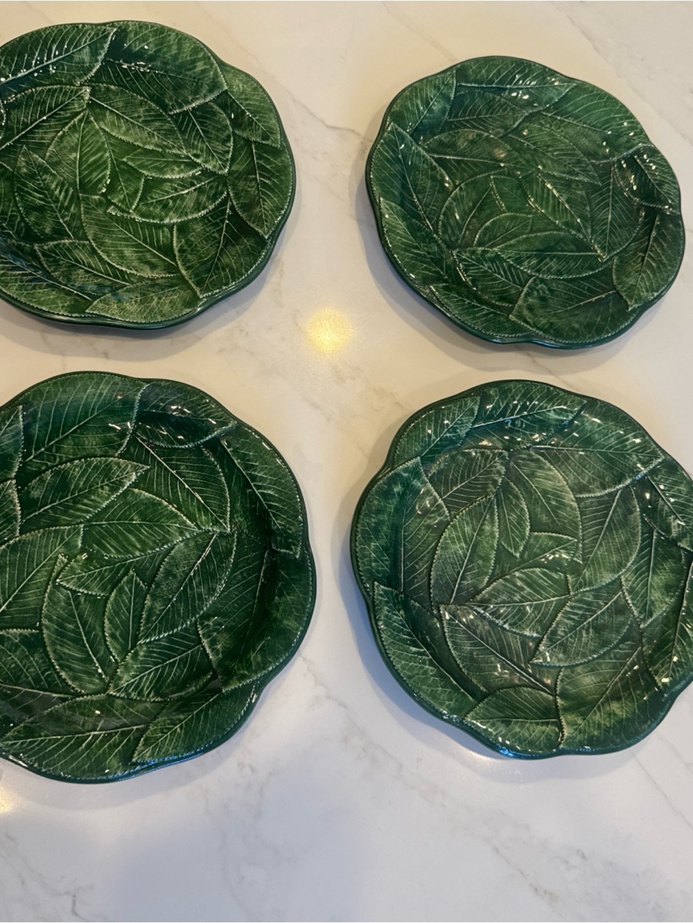Vietri Foglia Green Leaf Majolica Plates 8” Made in Italy Vintage Set 4